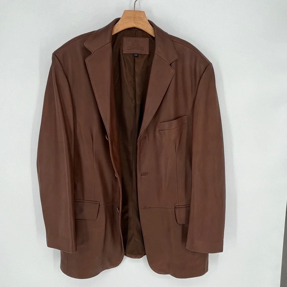 Stafford Brown Genuine Leather Blazer Jacket Mens‎ M Y2K Minimalist Sport Coat